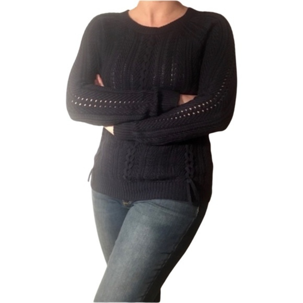 Mew Magaschoni Navy Blue Long Sleeve Cable Knit Coastal Sweater Retail $298